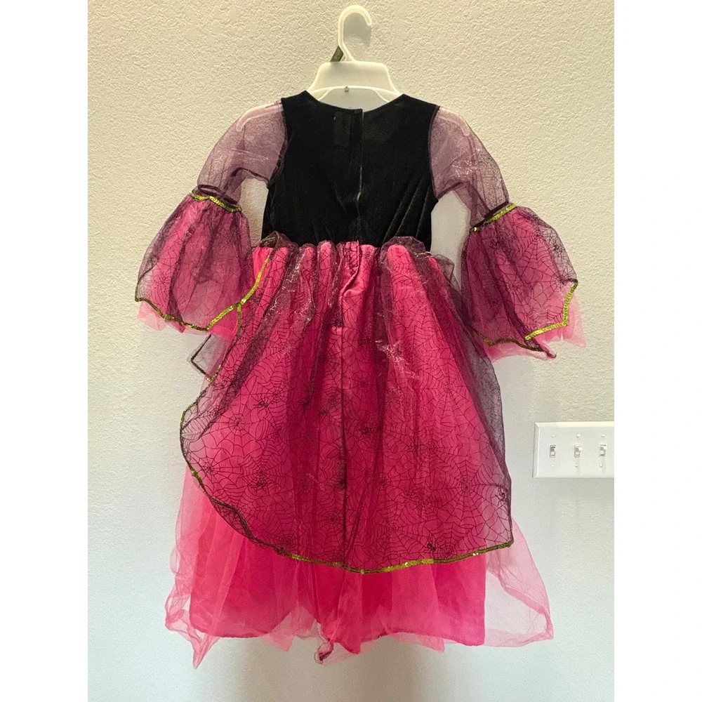 Kids Pink Black Witch Costume Spiderweb Bell Sleeve Tulle Dress 6/8Y